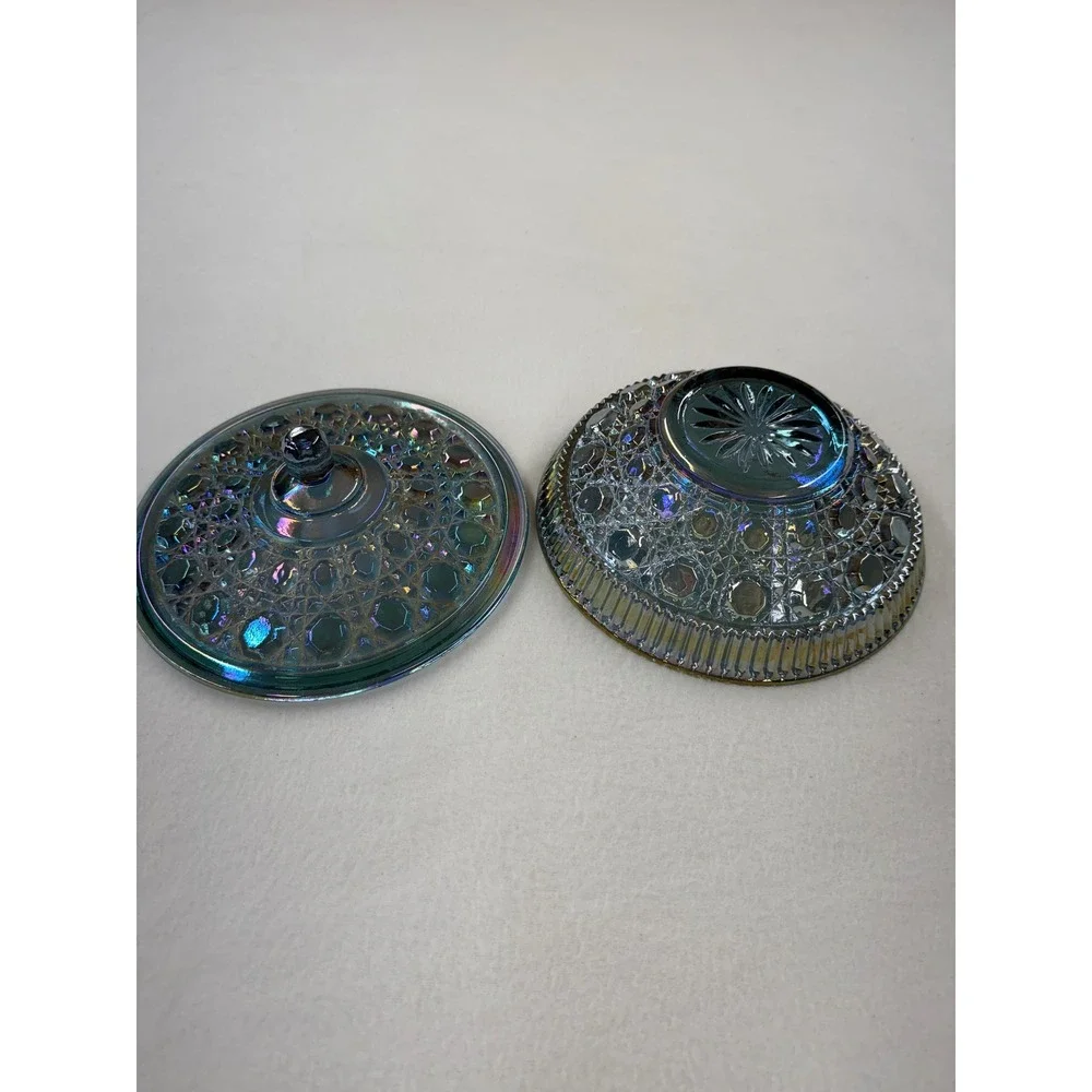 Vintage Blue Carnival Glass Trinket Dish with Lid Iridescent Candy Jar Round